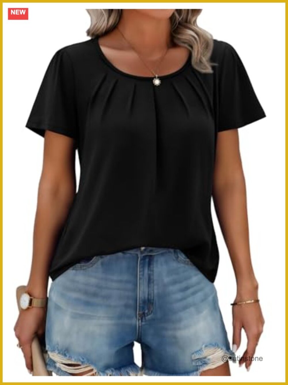 Women's Short Sleeve Tunic Top Floral Boho Pleated Crewneck Flowy Relax Fit